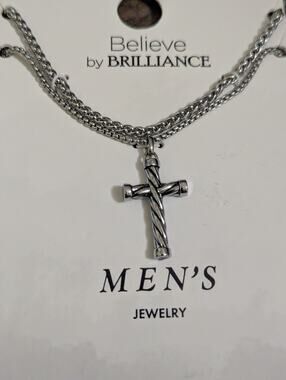 Believe by Brilliance Men's 2 Stainless Steel Dog Necklaces Cross Silver Plated